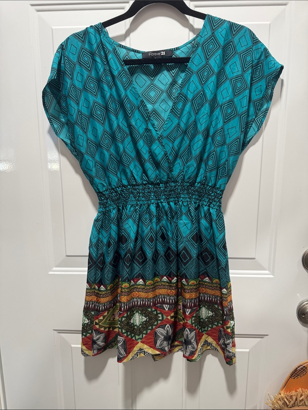 Forever 21 Turquoise and Multicolor Geometric-Print Short Sleeve Tunic